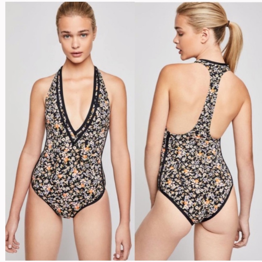 NWT BCBG Black Floral Printed Deep V Bathing Suit - Picture 6 of 12